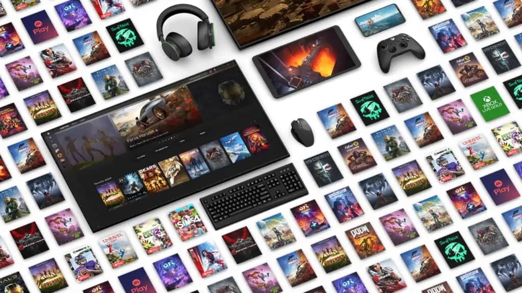 Sammlung von Xbox Spielen und Xbox kompatiblen Geräten