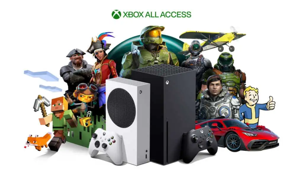 Xbox All Access Abbildung. Zwei Xbox Konsolen mit Videospiel-Charakteren.