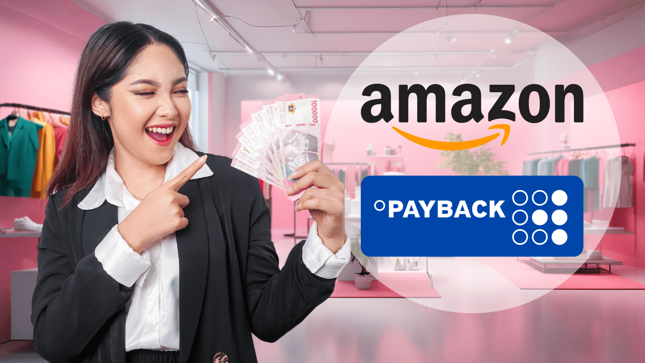 Logo von Amazon und Payback, daneben eine Frau, welche auf Geldscheine zeigt.