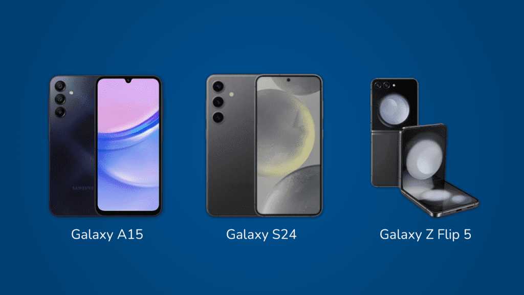Drei Samsung Galaxy Smartphones in der Übersicht vor blauem Hintergrund.