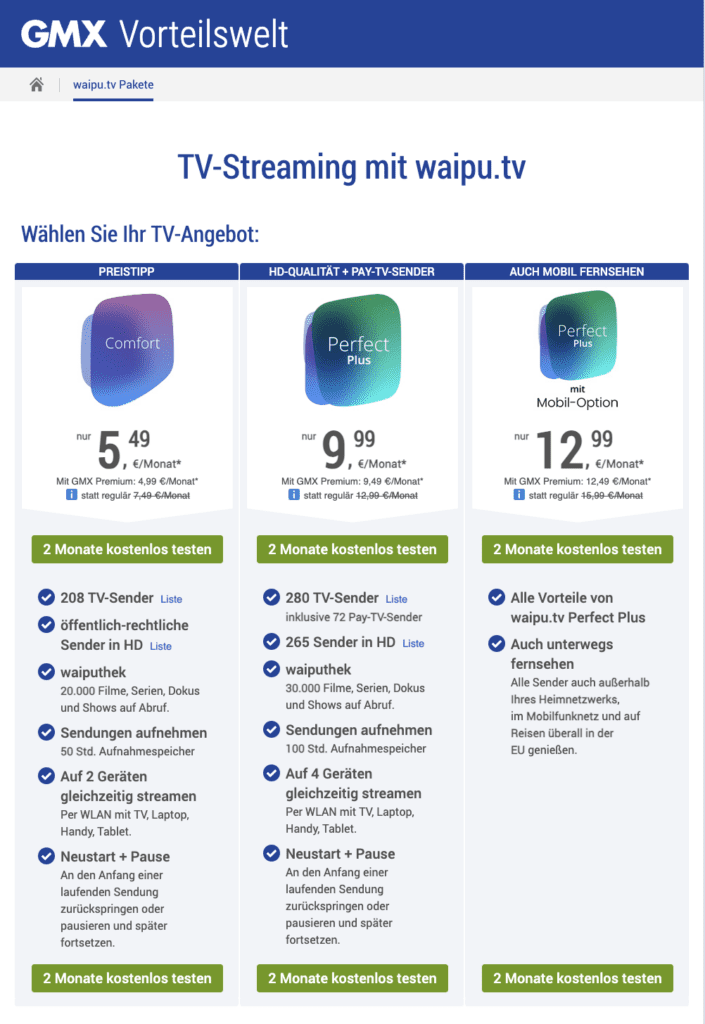 Zur Auswahl stehen die Abonnements Waipu.tv Comfort und Waipu.tv Perfect Plus. Zusätzlich kann die Option Mobile gebucht werden.