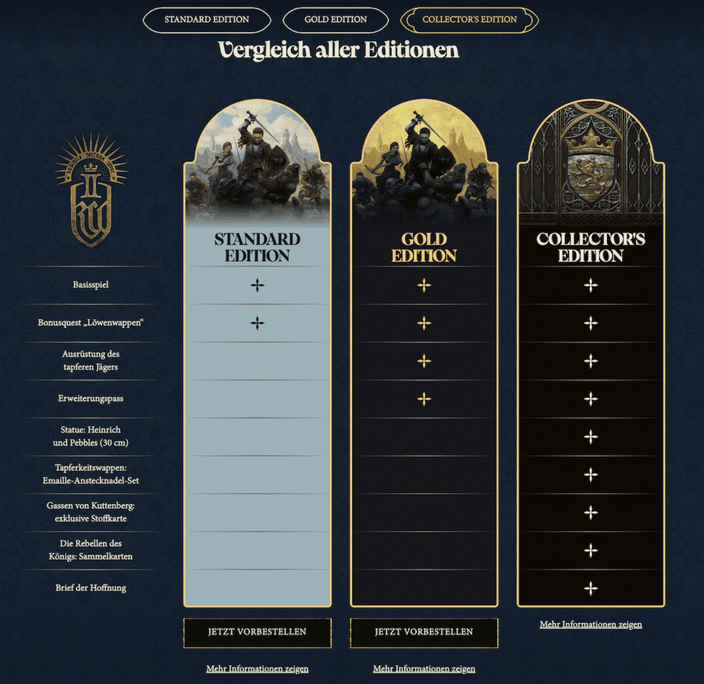 Übersicht über die drei Editionen des Mittelalter-RPGs Kingdom Come: Deliverance 2.
