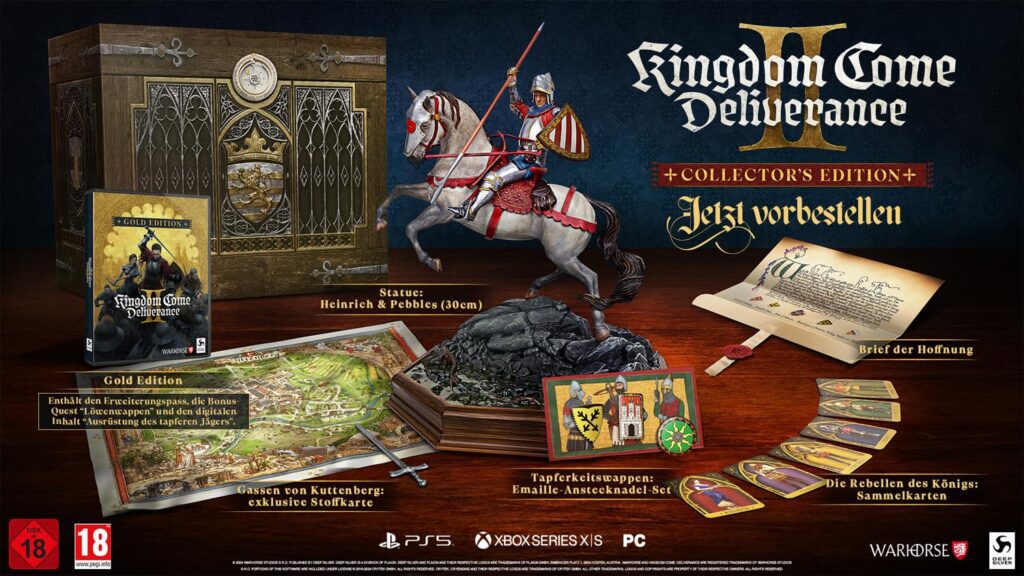 Die Collector's Edition von Kingdom Come: Deliverance II ist einer Truhe nachempfunden und mit tollen Sammlerstücken wie einer Statue von Heinrich gefüllt. (Quelle: Warhorse Studios)