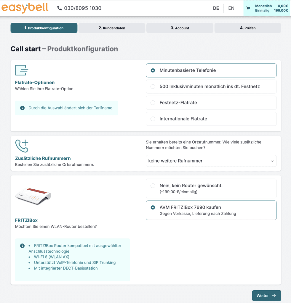 In Verbindung mit dem Tarif "Call start" von Easybell könnt Ihr Euch die Fritzbox 7690 zum Bestpreis sichern.