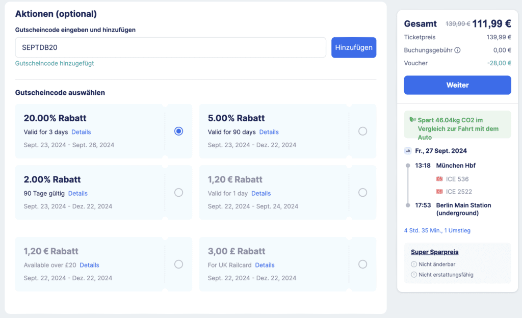 Mit dem Gutscheincode "SEPTDB20" erhaltet ihr 20 Prozent Rabatt auf eure nächste Bahnfahrt und könnt auch ohne Bahncard und Deutschland-Ticket sparen.