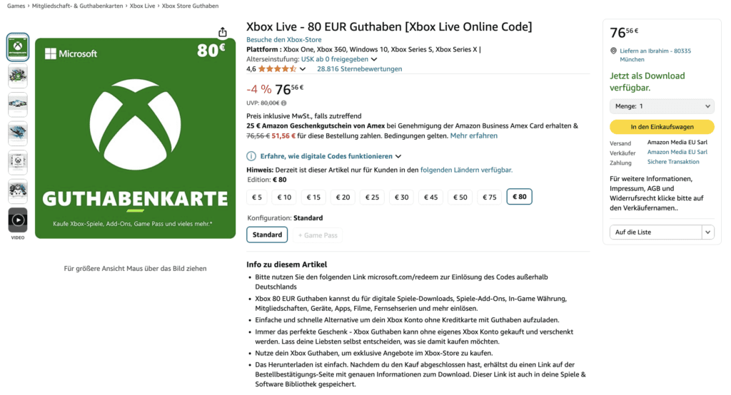 Auch bei Amazon gibt es immer wieder Angebote für Xbox Guthaben.