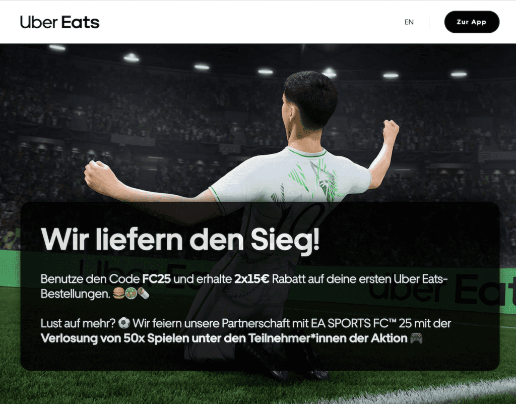 Neukunden von UberEats können noch mehr sparen und nehmen automatisch am EA FC 25 Gewinnspiel teil, bei dem es eines von 50 EA Sports FC 25 Spielen zu gewinnen gibt.