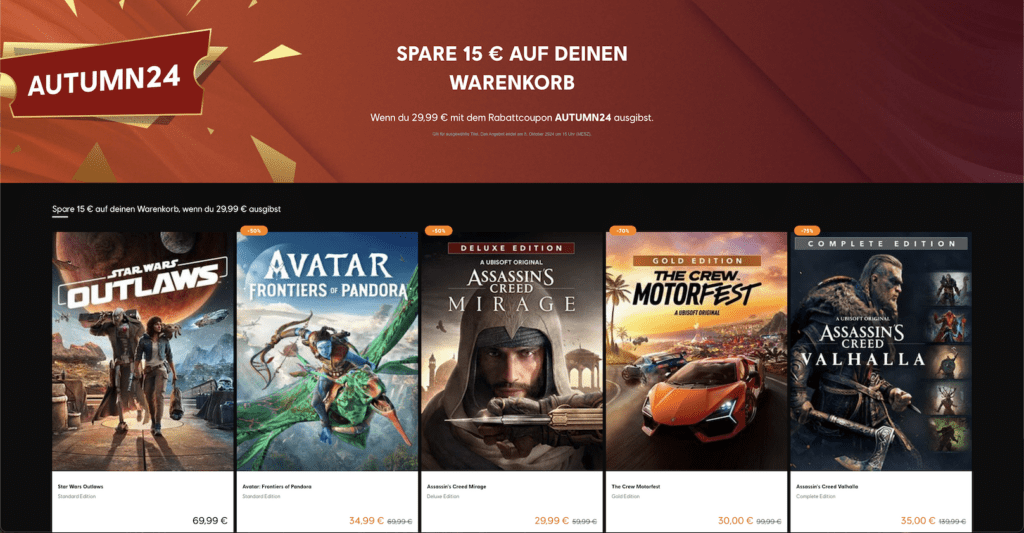 Mit dem Gutscheincode AUTUMN24 erhaltet Ihr derzeit 15€ Rabatt auf ausgewählte Spiele ab einem Mindestbestellwert von 29,99€.